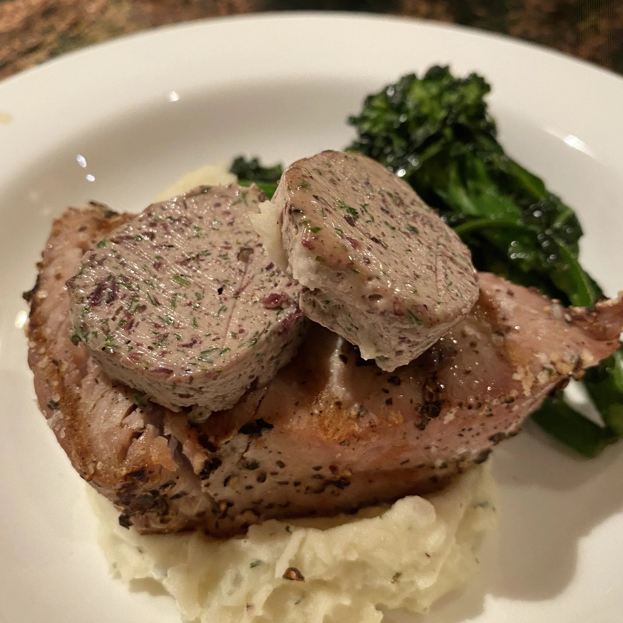 Ahi with Cabernet Porcini Chef Butter and Lemon Dill Whipped Potatoes