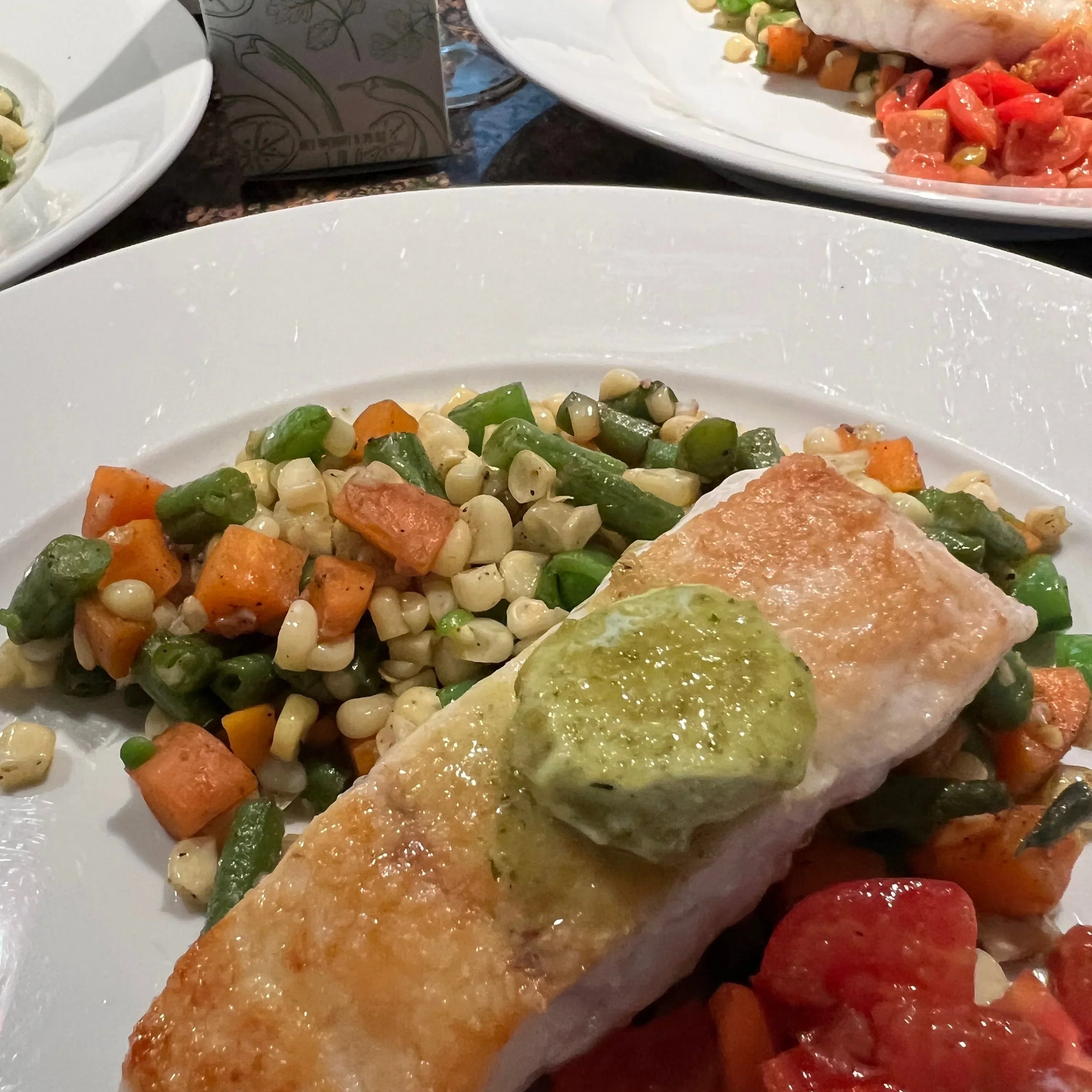 Monterey Bay Halibut with Serrano Lime Chef Butter, Summer Sauté and Early Girl Tomato Compote