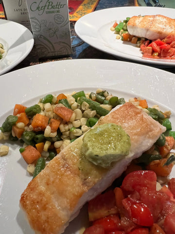 Monterey Bay Halibut with Serrano Lime Chef Butter, Summer Sauté and Early Girl Tomato Compote