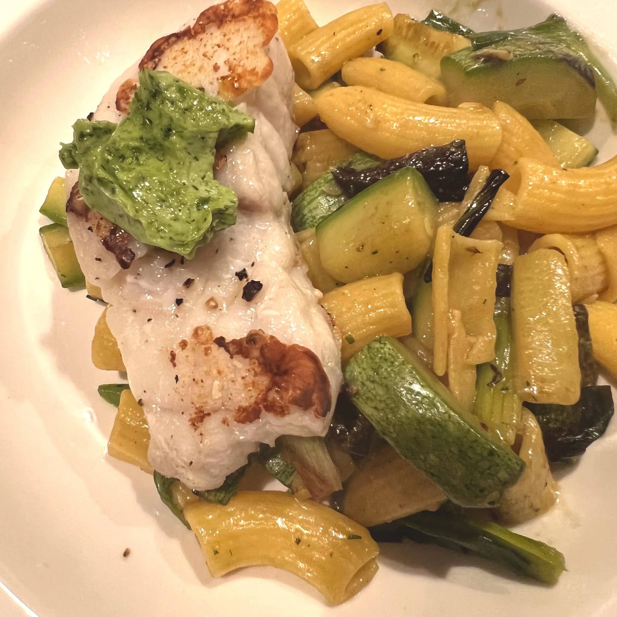 Rockfish with French Herb Chef Butter, Rigatoni and Zucchini