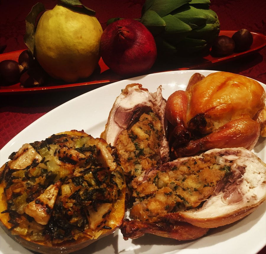 Plate filled with food including Holiday Stuffing