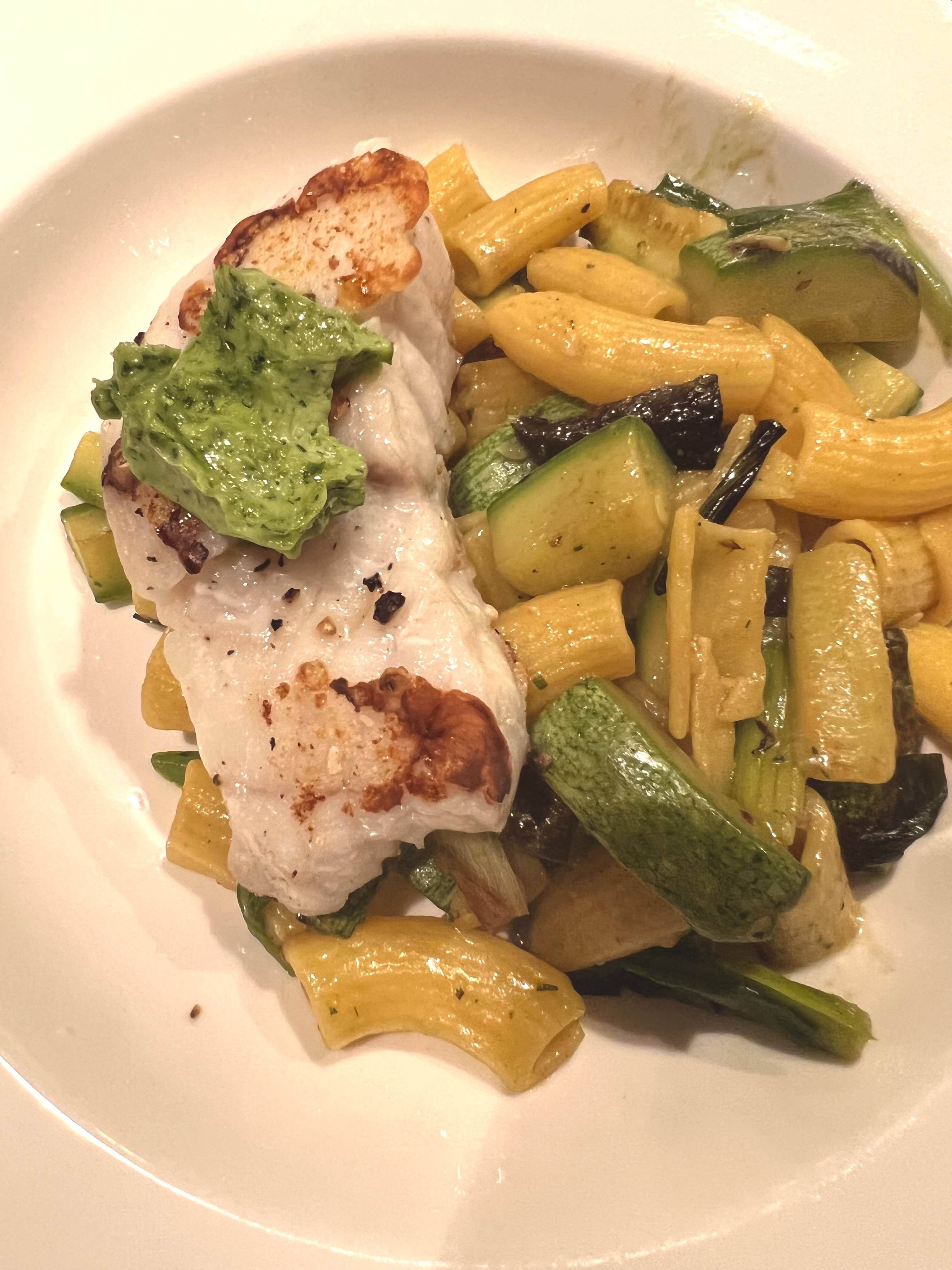 Rockfish with French Herb Chef Butter, Rigatoni and Zucchini