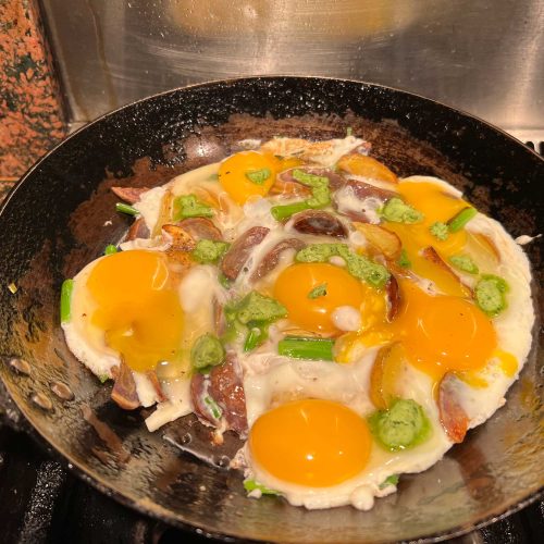 Pan Fried Eggs with Potatoes, Scallions and Serrano Lime Chef Butter