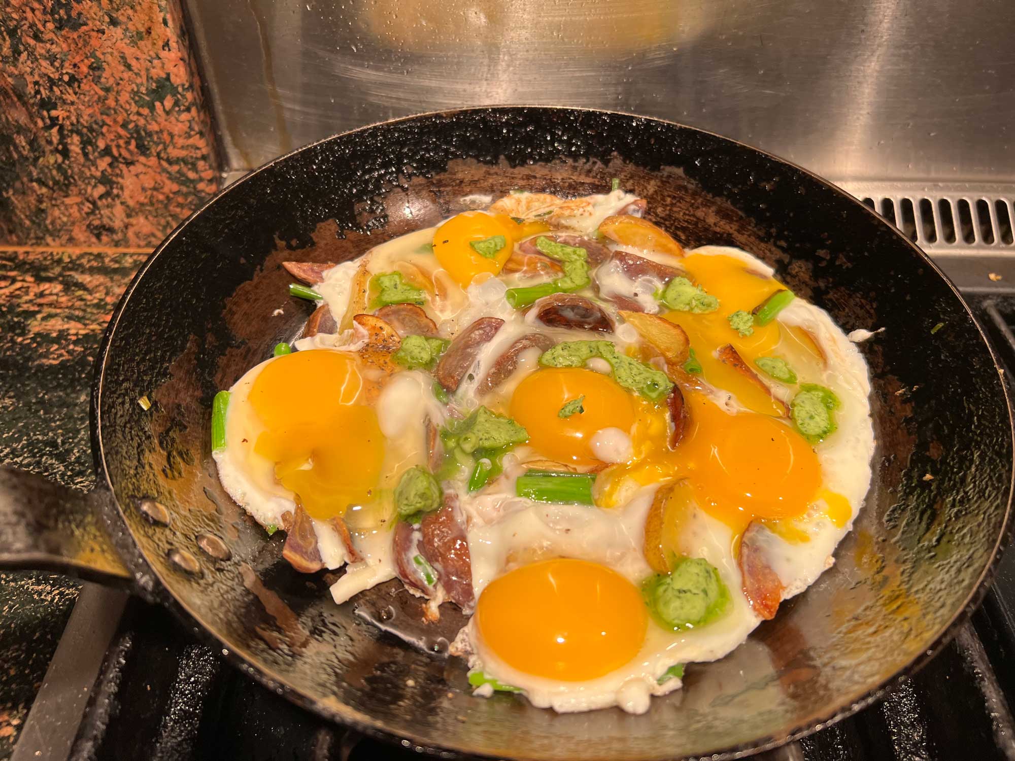 Pan Fried Eggs with Potatoes, Scallions and Serrano Lime Chef Butter