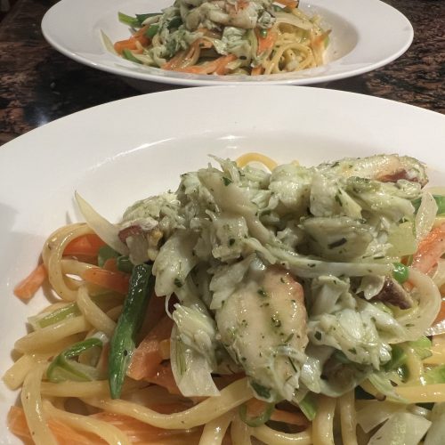 Dungeness Crab with French Herb Chef Butter and Vegetable Ribbon Pasta