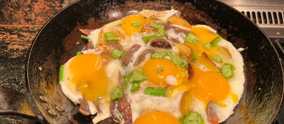 Pan Fried Eggs with Potatoes, Scallions and Serrano Lime Chef Butter